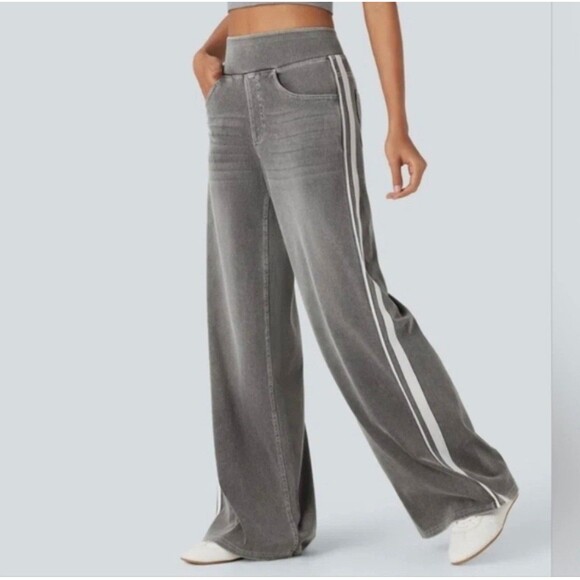 NWOT Halara L Grey Flex Women High Waisted Stripe Wide Leg Flowy Jeans - Picture 2 of 6